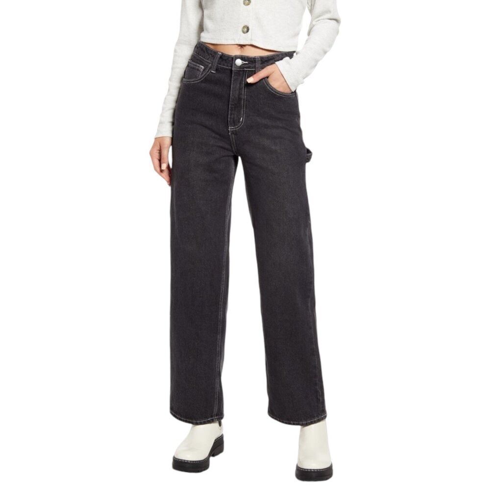 BP Black Contrast Stitch Wide Leg Carpenter Jeans 33
